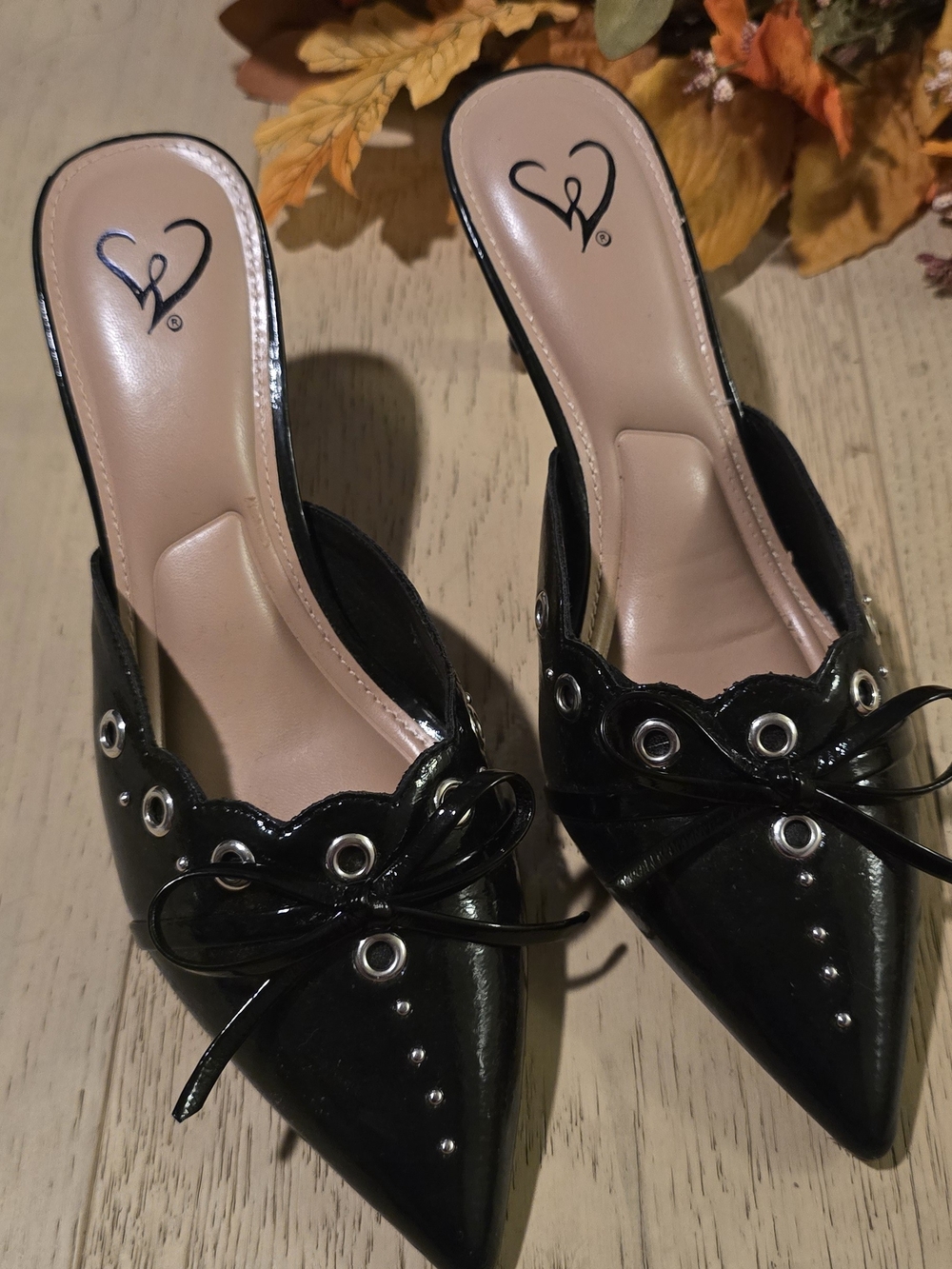 Women’s Black Pointed Toe Slip-On Mules with Eyelet Detail